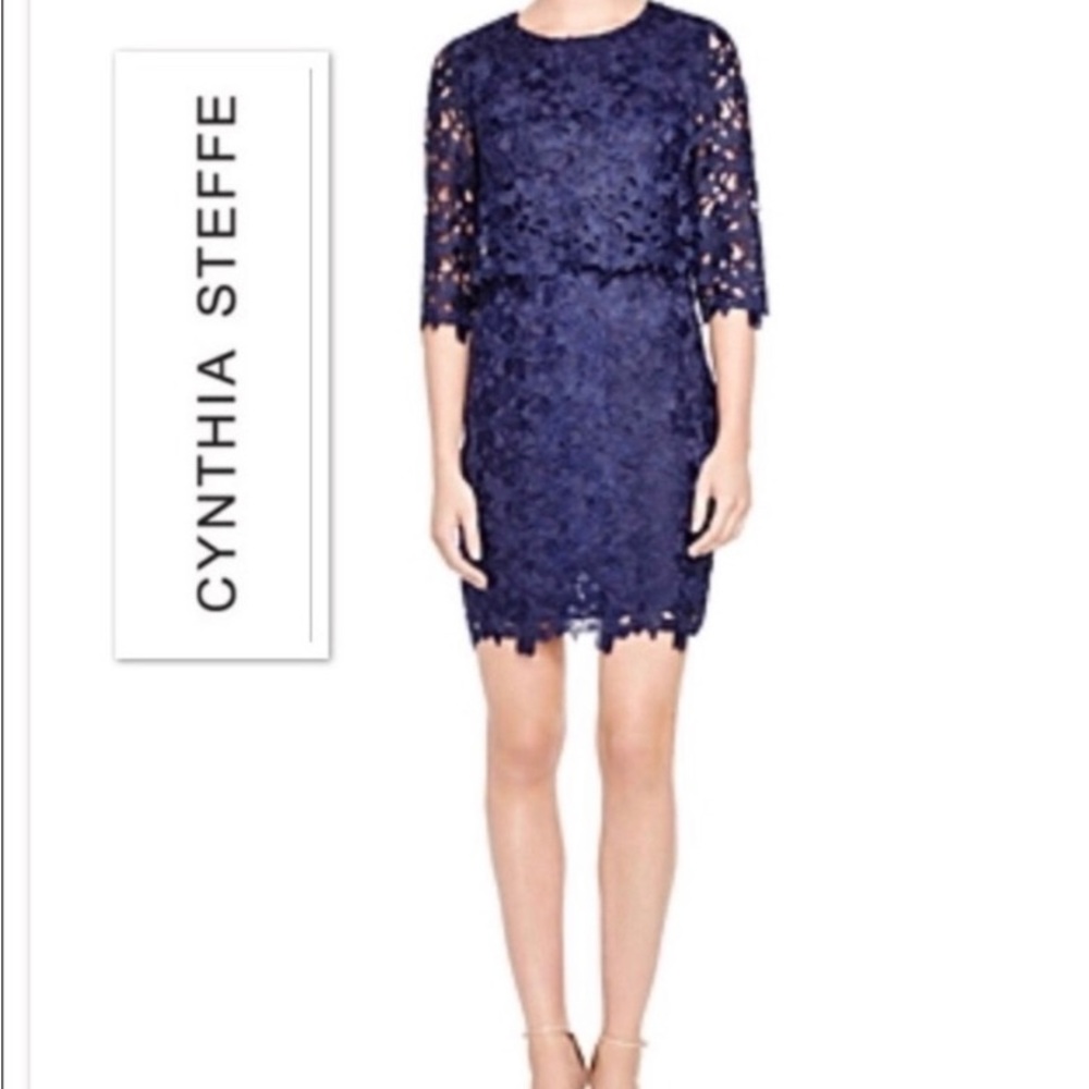 NEW Cynthia Steffe Audrey Floral Lace Dress Tiered Size 8 Ocean Indigo Blue